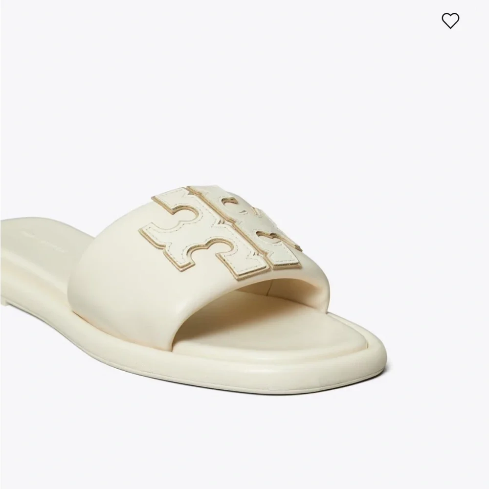 NIB TORY BURCH DOUBLE T SPORT LOGO SLIDE SHOE light cream gold 7.5